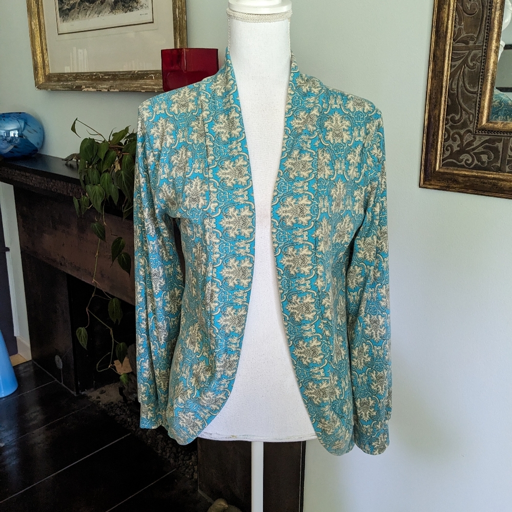 Jamby Styles Women's Small Open Front Cardigan Top Blue Damask Soft Stretch 138